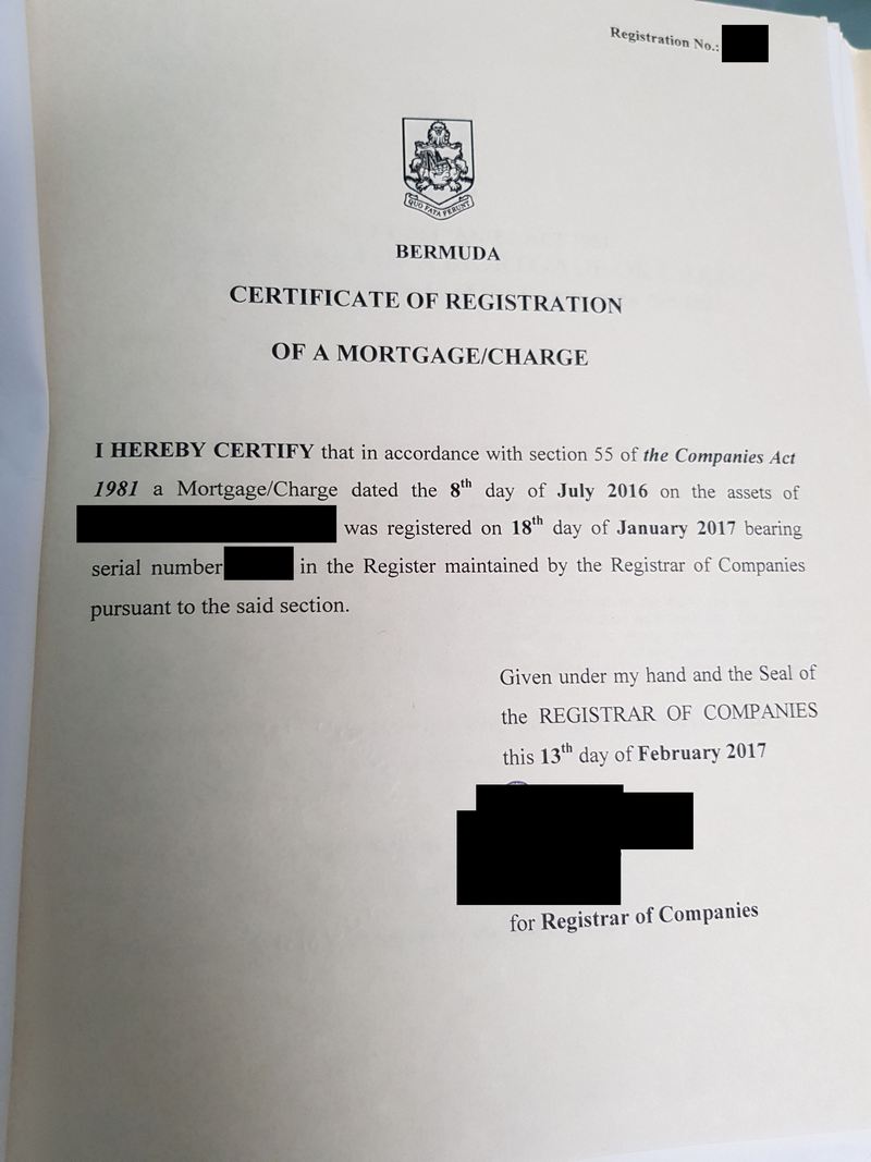 Sample Registration of Mortgage or Charge Bermuda